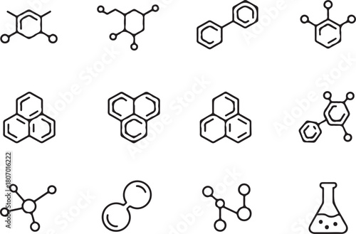 Chemical bonding of science lab testing line art icon set. Flat black color editable line vector illustration