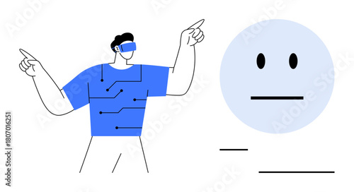 Tech-savvy individual in VR headset gesturing with both hands near simple face design. Ideal for virtual reality, technology, innovation, gaming, futurism, human-computer interaction, simple flat