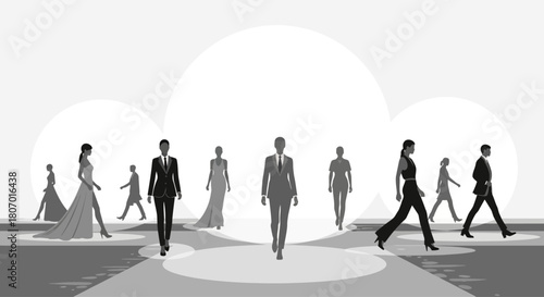 Fashion parade silhouettes against a minimalist backdrop of abstract shapes and diffused light