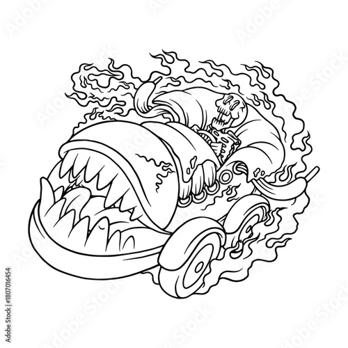 Retro Skeleton Riding a Fiery Sneaker Monster Car Coloring Page