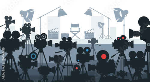 Film production studio with vintage cameras and lighting equipment showcases cinematic world