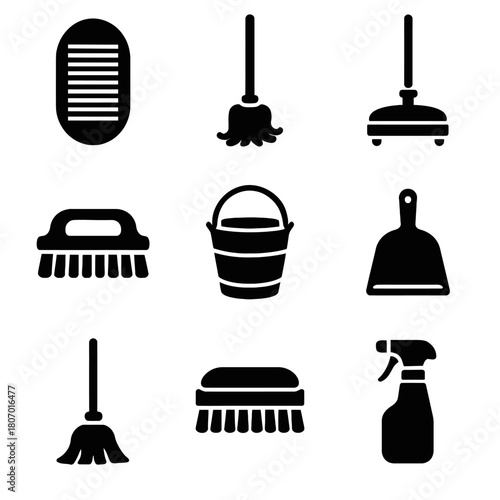 Set of nine black cleaning icons including mop, broom, and spray bottle
