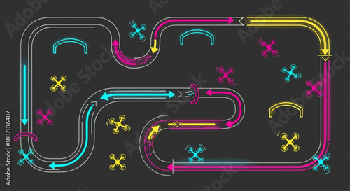 Futuristic Neon Drone Racing Circuit Illustration with Arrows Showing Directional Paths