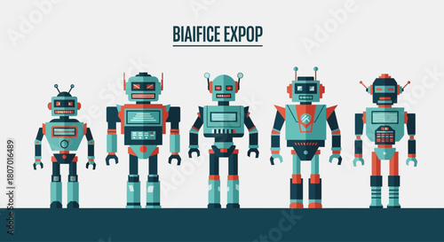 Futuristic Assemblage: A Lineup of Retro-Styled Robots Exhibiting Technological Diversity and Charm