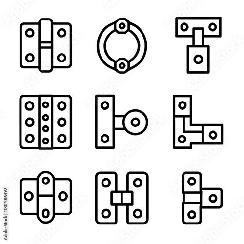Set of nine simple black and white door and window hinges icons