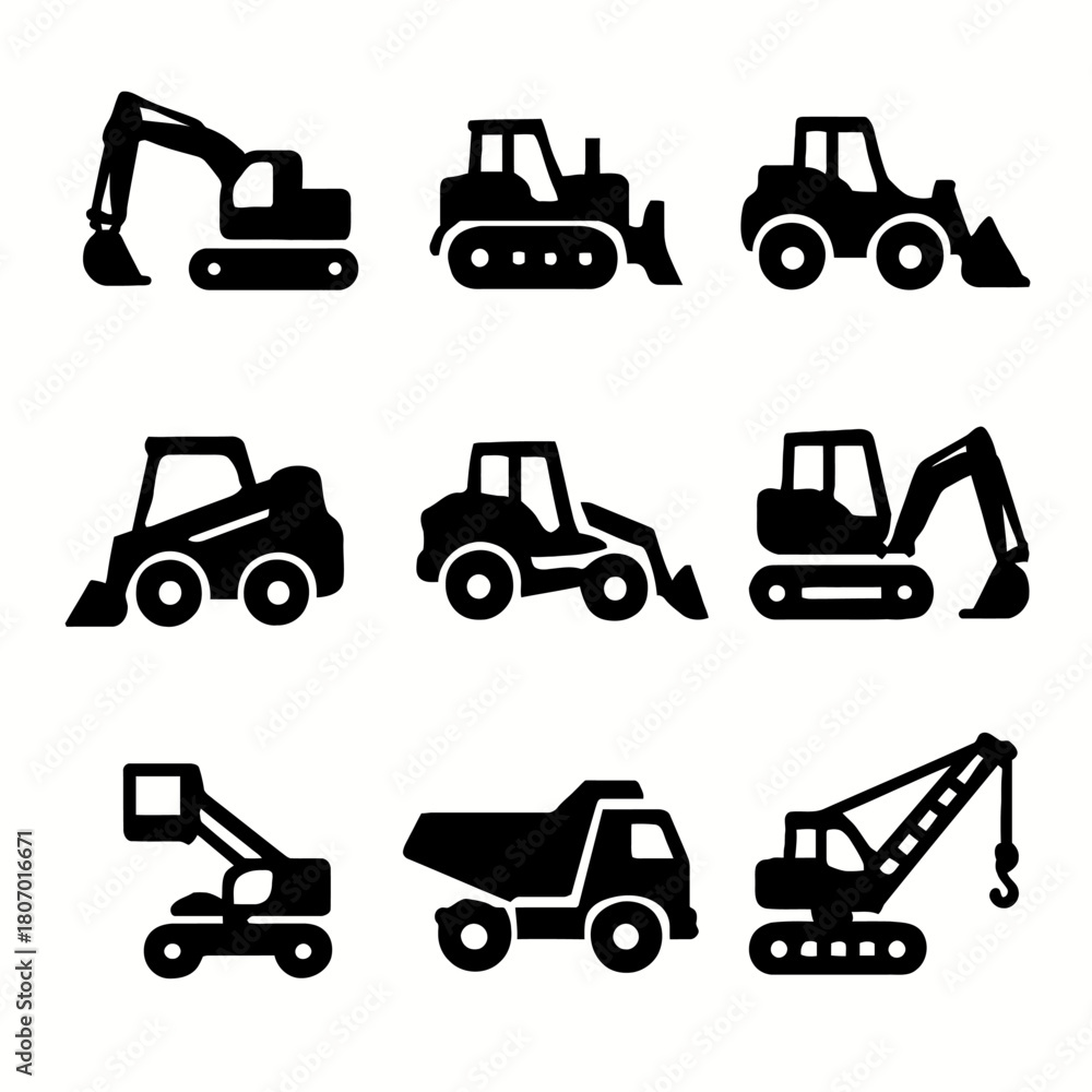 Fototapeta premium Silhouette collection of construction vehicles: excavators, bulldozers, and dump trucks