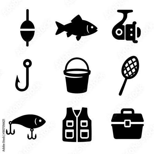 Set of fishing icons: hooks, rods, tackle box, and more