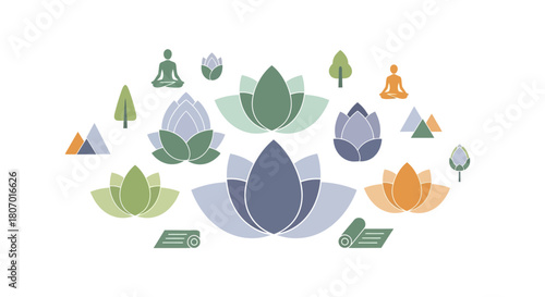 Harmonious lotus flowers and yoga poses design concept with nature elements