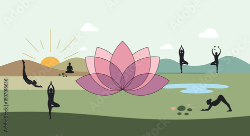 Harmonious yoga retreat landscape with lotus blossom and diverse fitness poses outdoors