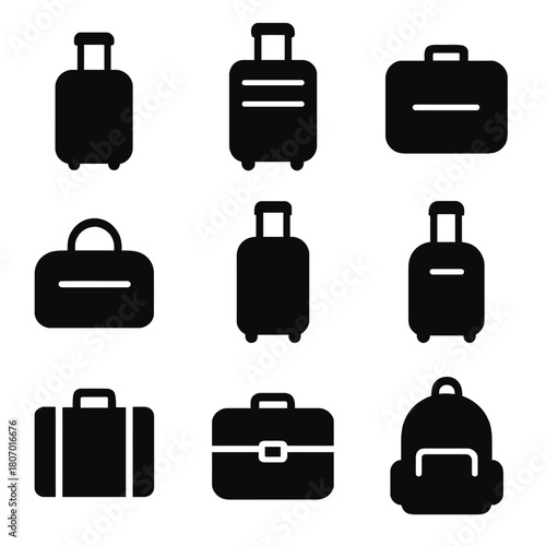 Silhouette icons of luggage and travel bags in various shapes and styles