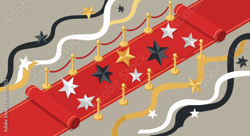 Illustration of a red carpet event scene with stars, stanchions and decorative lines, creating a