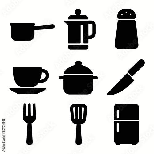 Silhouette icons of kitchenware: pots, cups, utensils, appliance