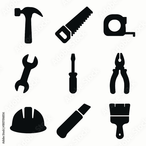 Black silhouette icons of hand tools for construction and repair