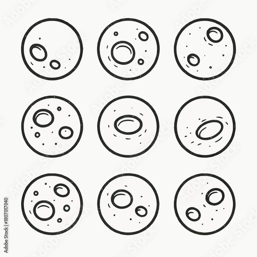 Set of nine black and white moon phases illustrations with craters
