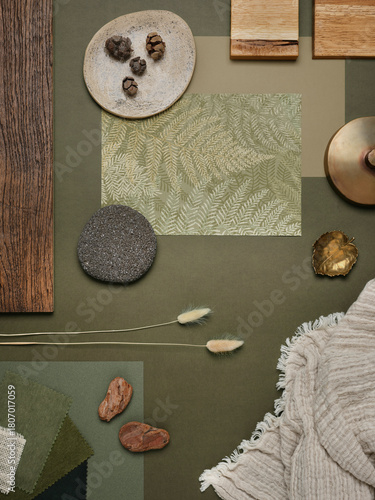 Green and earthy mood board featuring wood, stone, dried plants, and natural fabrics. A nature-inspired interior design concept.