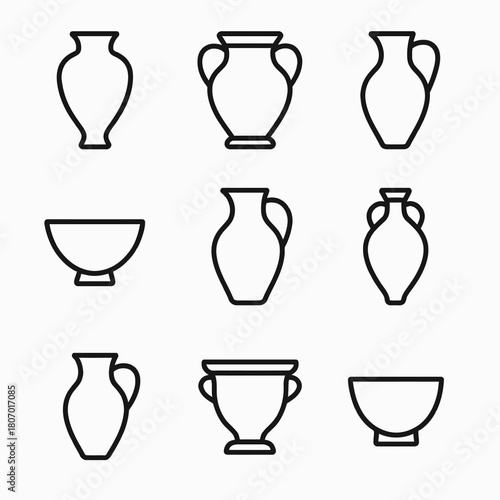 Set of nine minimalist vase and bowl line drawings