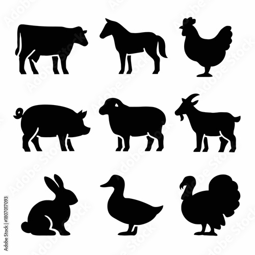 Silhouettes of farm animals: cow, horse, chicken, pig, sheep, goat, rabbit, duck, turkey