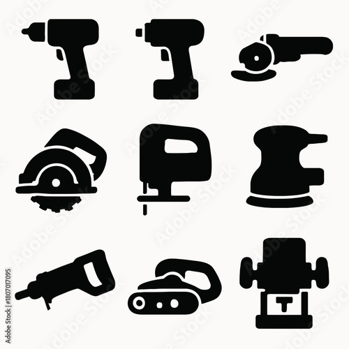 Silhouette icons of various power tools including drill, saw, and sander