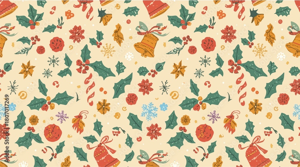 Obraz premium template featuring a vibrant and colorful Christmas pattern with hand-drawn winter holiday elements, including snowflakes, holly leaves, and bells