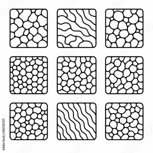 Set of nine monochrome geometric patterns with organic lines and shapes