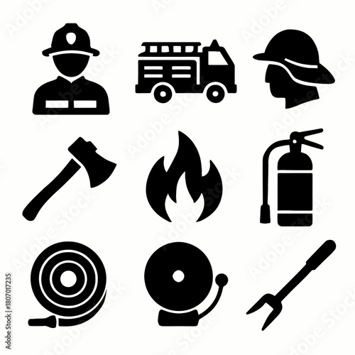 Firefighting equipment icons set: helmet, fire truck, axe, flame, extinguisher, hose, alarm, tool