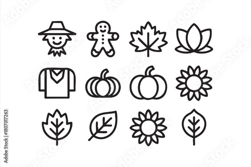Thanksgiving line icons with pumpkins, leaves, sunflowers and seasonal graphics
