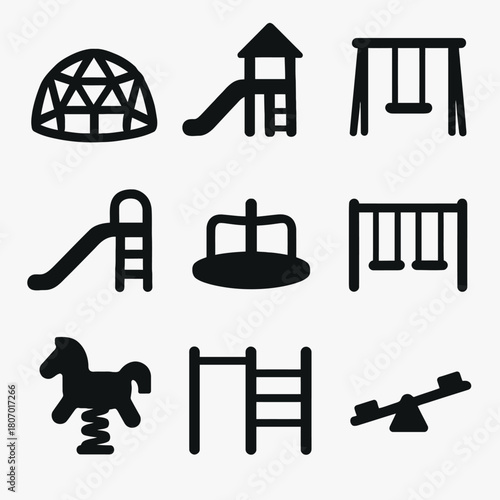 Collection of playground equipment silhouettes including slides and swings