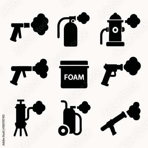 Firefighting equipment icons set with extinguishers and hydrants