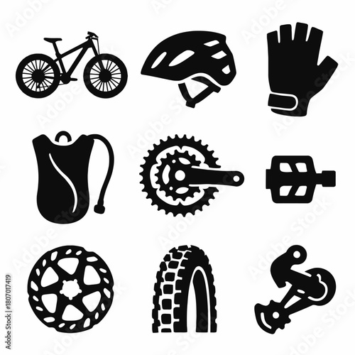Bicycle gear icons: helmet, gloves, water pack, chainring, pedal, tire, derailleur