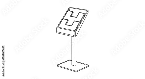 Minimalist line drawing of an information kiosk with unique internal design detail