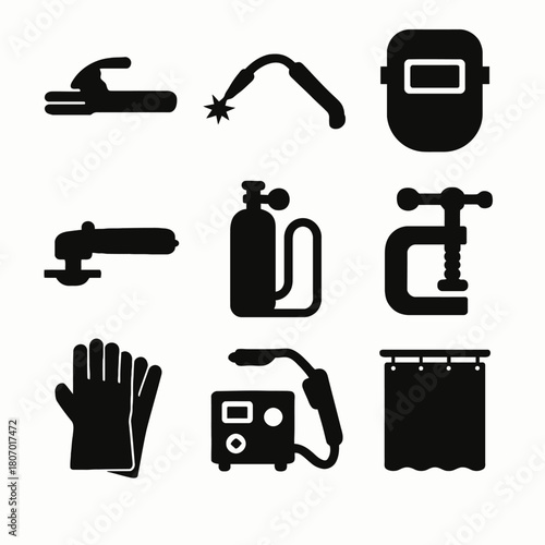Collection of welding tools and safety equipment icons in black silhouette