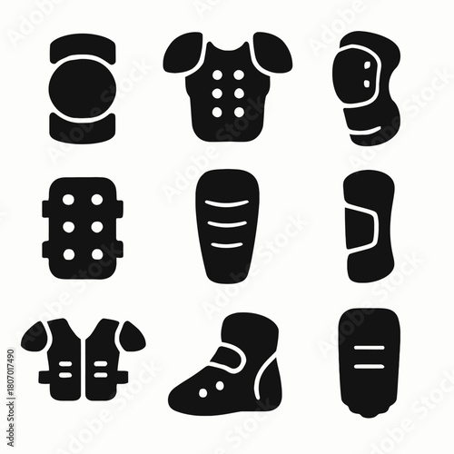 Set of black sports protective gear icons: helmets, pads, and guards