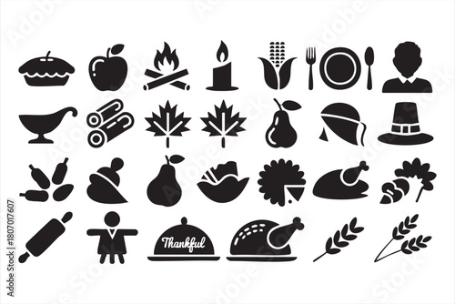 Thanksgiving dinner icon set with turkey, pie, corn and autumn food silhouettes for UI layouts