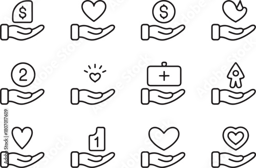 Donation hand, helping hand of charity line art icon set. Flat black color editable line vector illustration