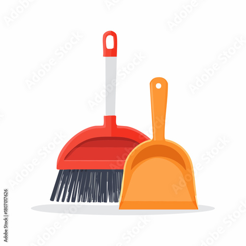 A red broom with a grey brush and an orange dustpan for cleaning.