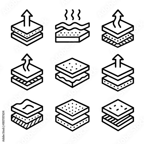 Icon set of breathable and insulated fabric layers