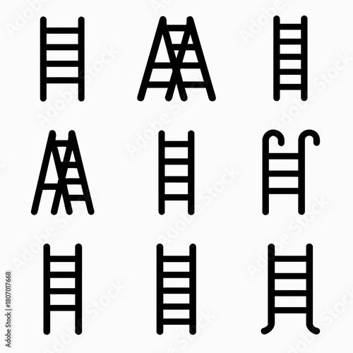 Collection of nine ladder icons in simple black and white design