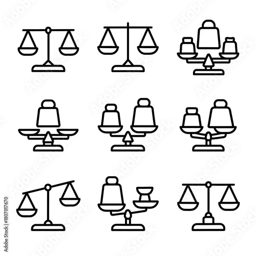 Collection of scale icons depicting balance and justice in various designs