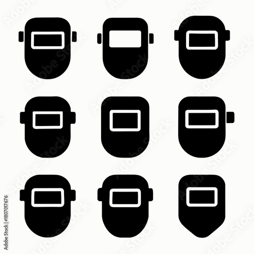 Set of nine black welding helmet icons in grid pattern