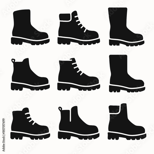 Set of nine black silhouettes of various boot styles on white background
