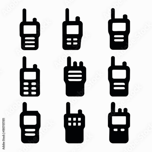 Set of nine radio communication device icons in black and white