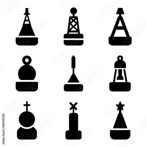 Set of nine distinct buoy icons featuring various shapes and designs