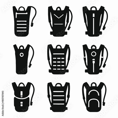 Collection of black hydration pack icons in various styles and designs