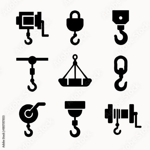 Silhouette icons of hooks and winches for industrial lifting and security