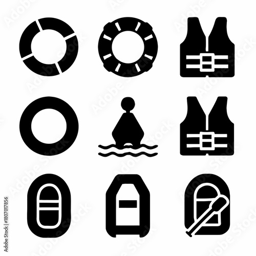 Safety equipment icons: life buoys, jackets, inflatable boats, and buoys