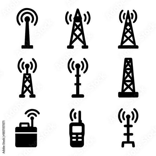 Set of nine communication tower icons