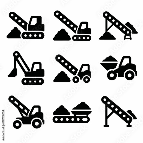 Construction equipment icons: excavators, cranes, and conveyors collection