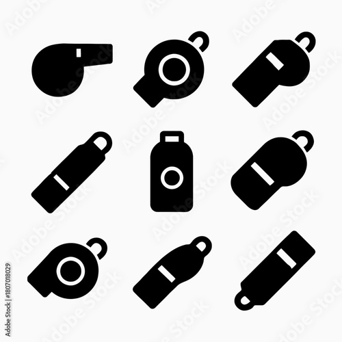 Silhouette icons of whistles and sports bottles in various shapes