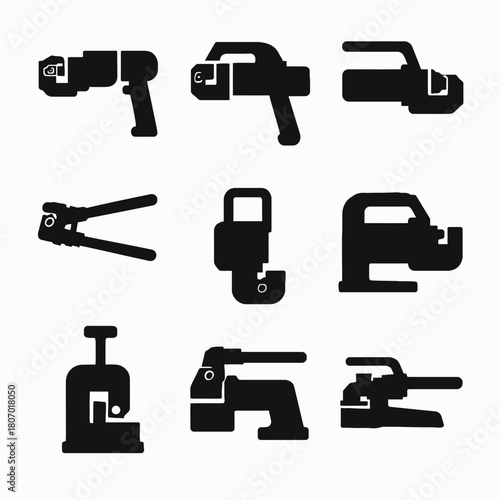 Collection of nine black tool silhouettes featuring clamps and wrenches