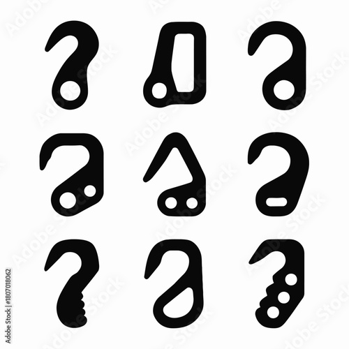 Set of nine black metal hooks with modern geometric shapes